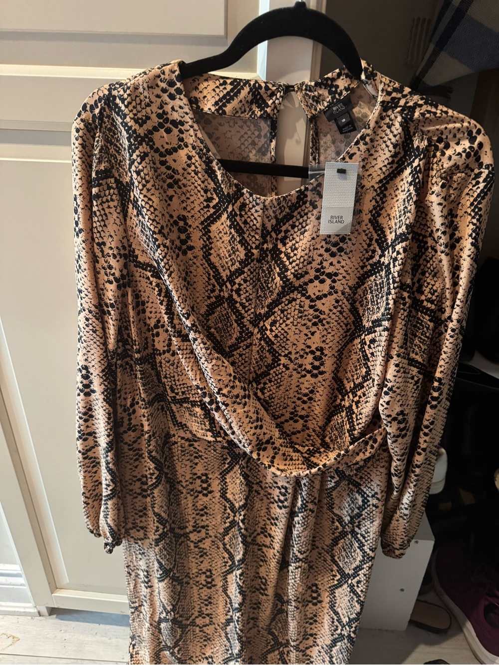 River Island Beige and Black Snake-Print Long Sleeve Wrap Dress